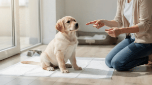 Crate training puppy learning commands on indoor training pad
